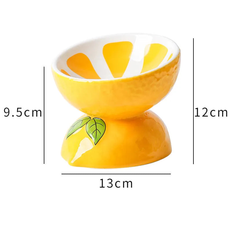 Ceramic raised cat bowl with tilted design in fruit pattern colours