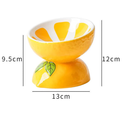Ceramic raised cat bowl with tilted design in fruit pattern colours