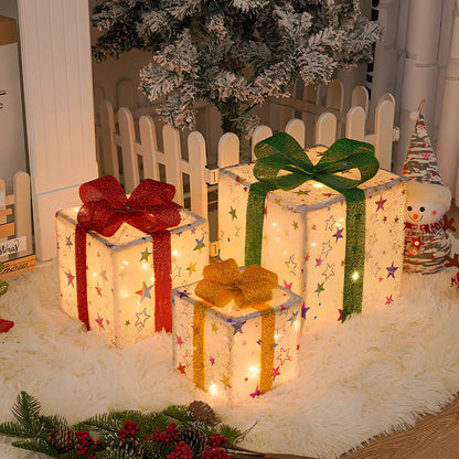 Christmas gift box three piece set with 50 LED beads and 8 lighting functions in silver star design