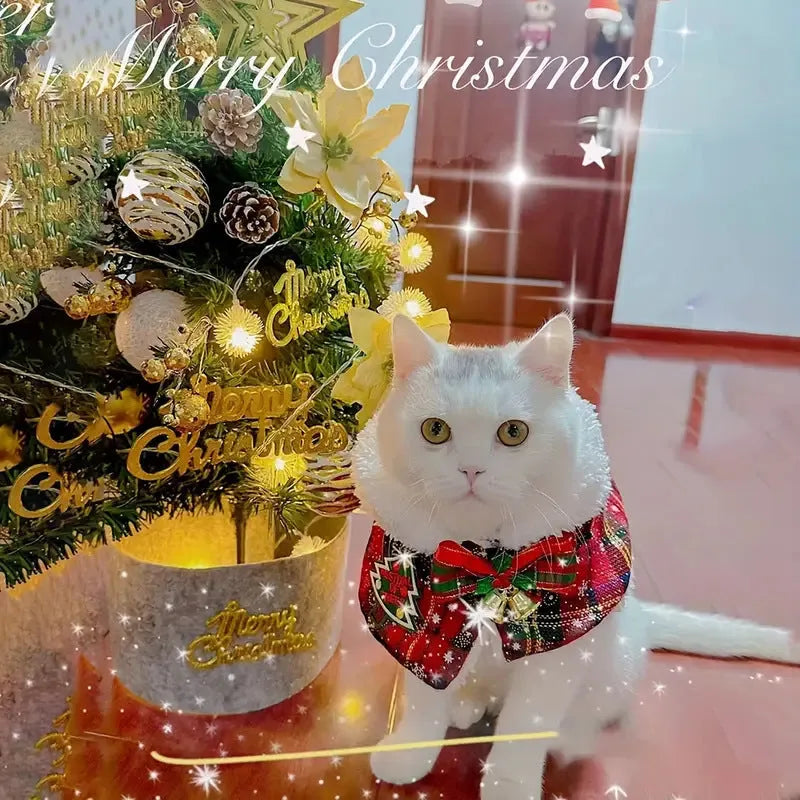 Pet wearing festive scarf with snowflake bell design, red background, adjustable fit for winter warmth