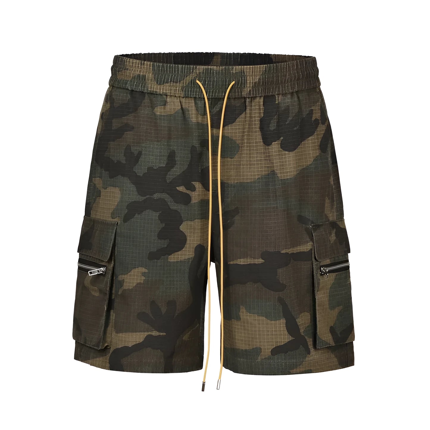 Green H215 camouflage cotton work shorts with multiple pockets on a mid-waist, loose-fit model.