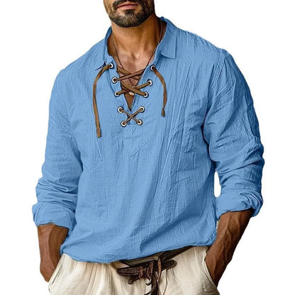 Men's plus size lapels lace shirt in linen blend fabric, loose fit, long sleeves, solid colour options