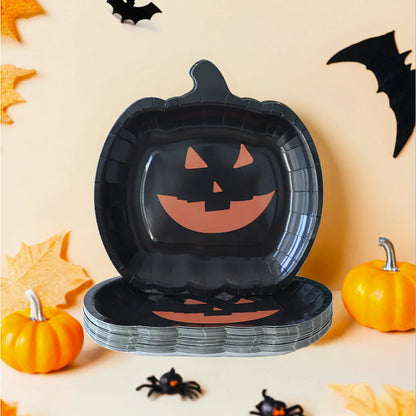 Black pumpkin design disposable paper plates for Halloween, 9-inch diameter
