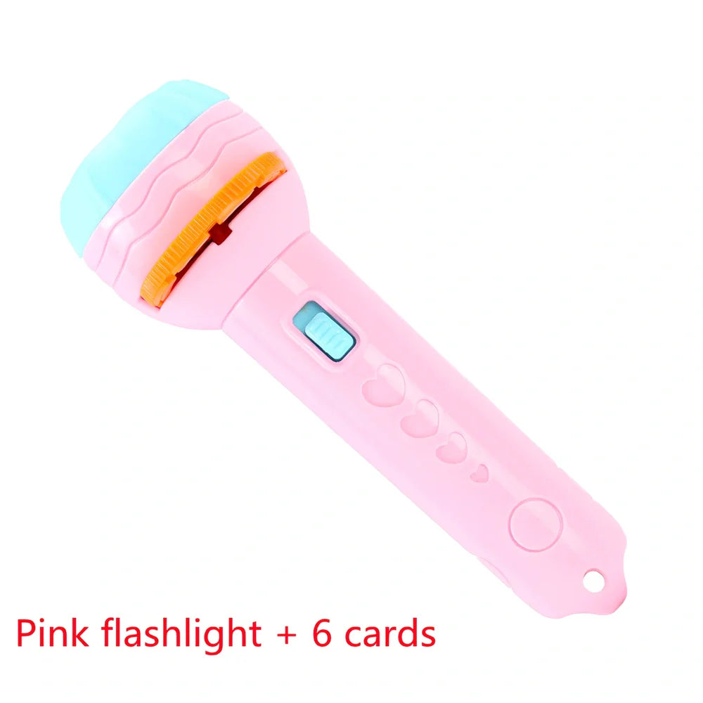 Red plastic cartoon projection flashlight showing rotating lens for 80 pattern changes