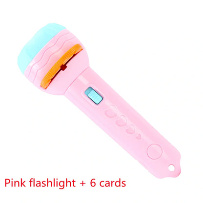 Red plastic cartoon projection flashlight showing rotating lens for 80 pattern changes