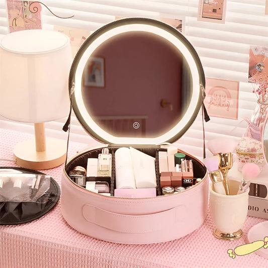 Round black LED light makeup bag with built-in mirror, carry strap, and open compartment showing internal partitions.