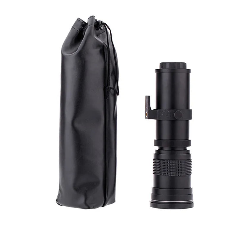420-800mm manual telephoto zoom camera lens with silver barrel and T-mount adapter ring.