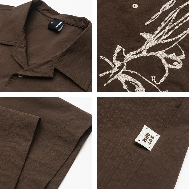 Brown striped Cuban collar short sleeve outdoor shirt made from quick-dry polyester.