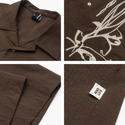 Brown striped Cuban collar short sleeve outdoor shirt made from quick-dry polyester.