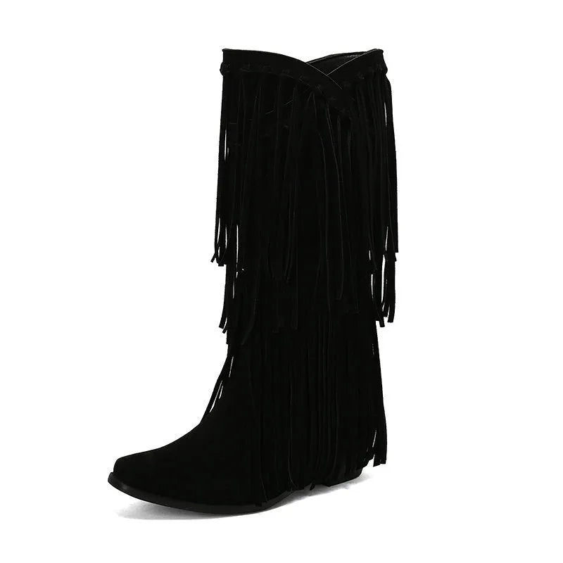 Women's knee-high suede boots with a chunky heel and square toe.