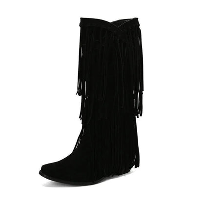Women's knee-high suede boots with a chunky heel and square toe.