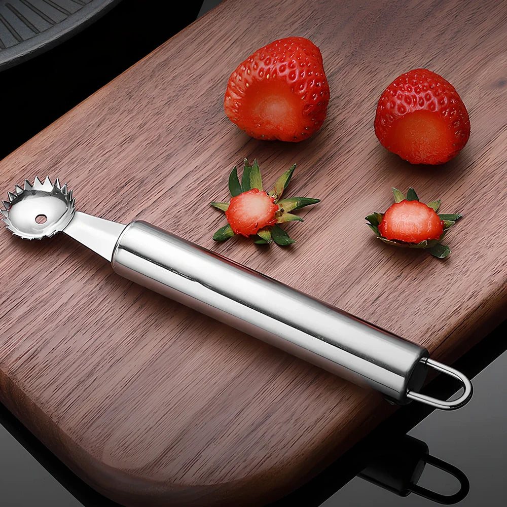 Stainless steel strawberry stem remover tool with 15cm length and 1.5cm coring tip