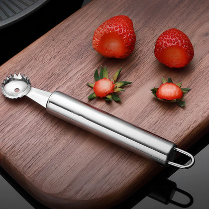 Stainless steel strawberry stem remover tool with 15cm length and 1.5cm coring tip