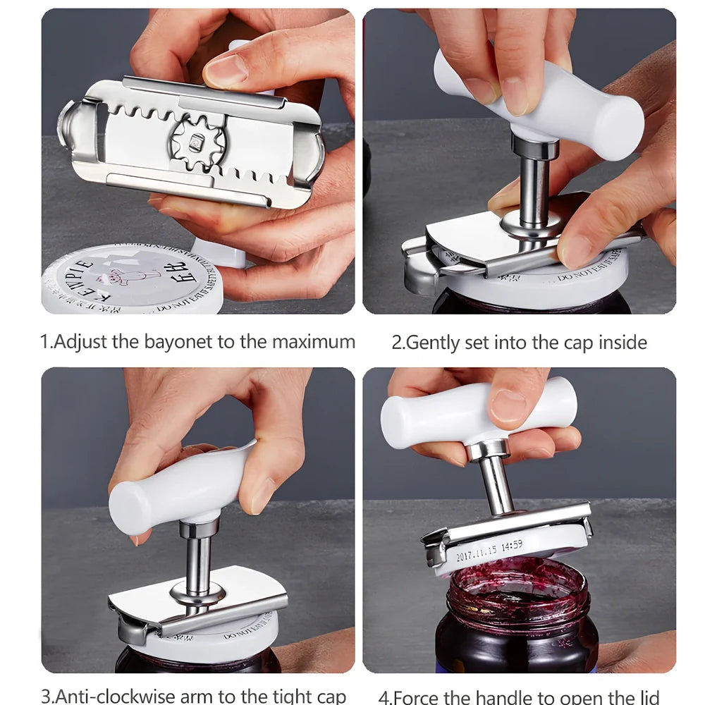 Adjustable stainless steel jar opener with ABS plastic handle, showing steel teeth and collapse feature