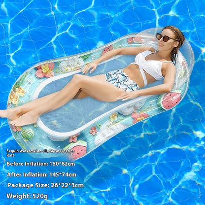 PVC inflatable pool floating row with sequins and mesh deck on blue water