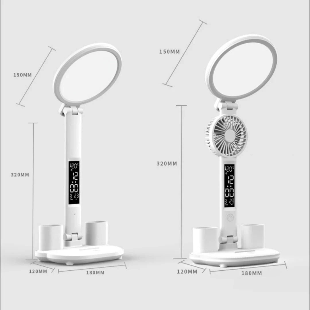 A multifunctional desk lamp with a built-in clock, adjustable brightness, and USB charging capabilities for convenient use in the home or office.