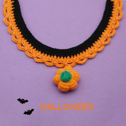 Hand crocheted wool Halloween pet collar for cats and dogs in pumpkin colours