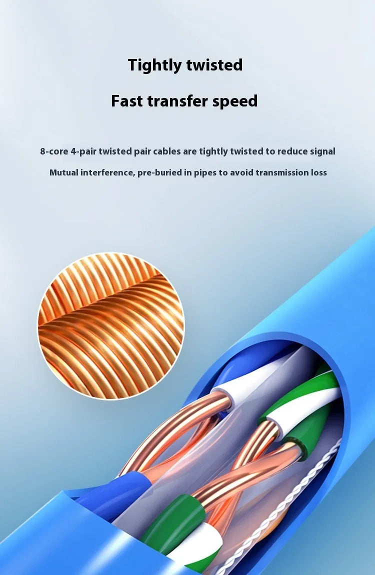 A reel of blue Category 6 network cable with oxygen-free copper core, showing the 305m length label.