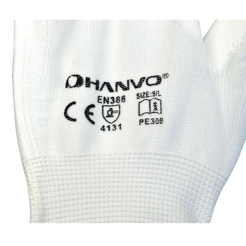 White PU coated work gloves showing palm grip and knit back, laid flat.