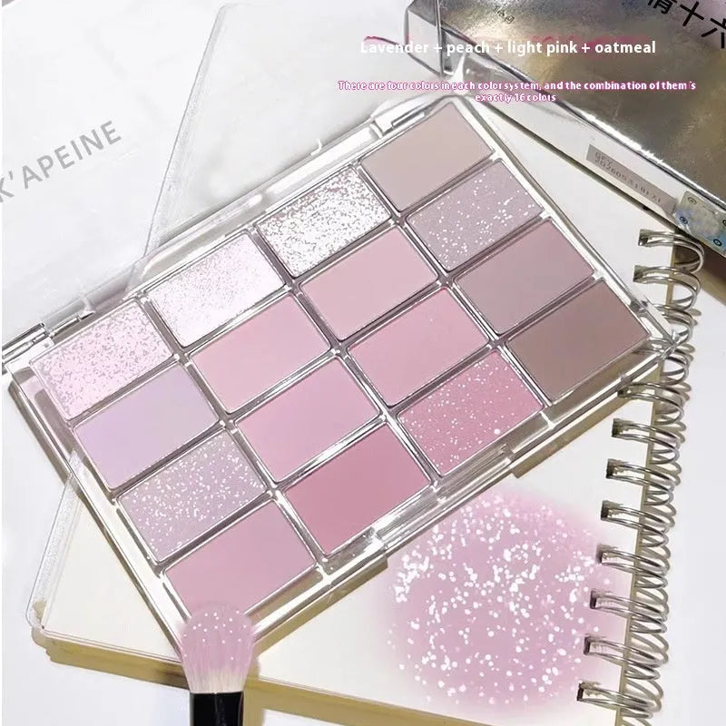 16-colour eye shadow palette showing matte and shimmer powder shades in pink, brown and lavender tones