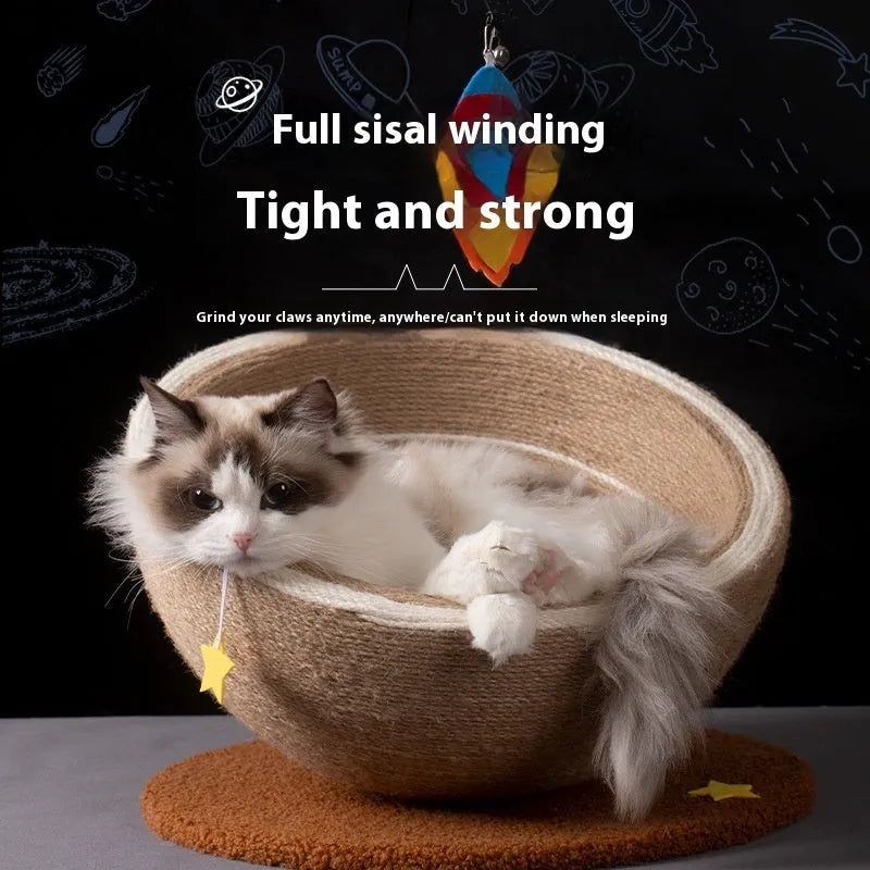 Large integrated cat scratching basin and nest with sisal scratching surfaces and flannel lining in starlight colour