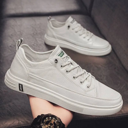 Men's casual flat-bottom shoes in beige, white, or black with a PU upper and round toe