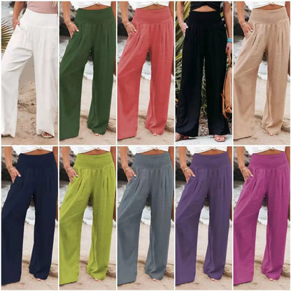 Women's wide leg casual pants in cotton linen blend, available in multiple colors