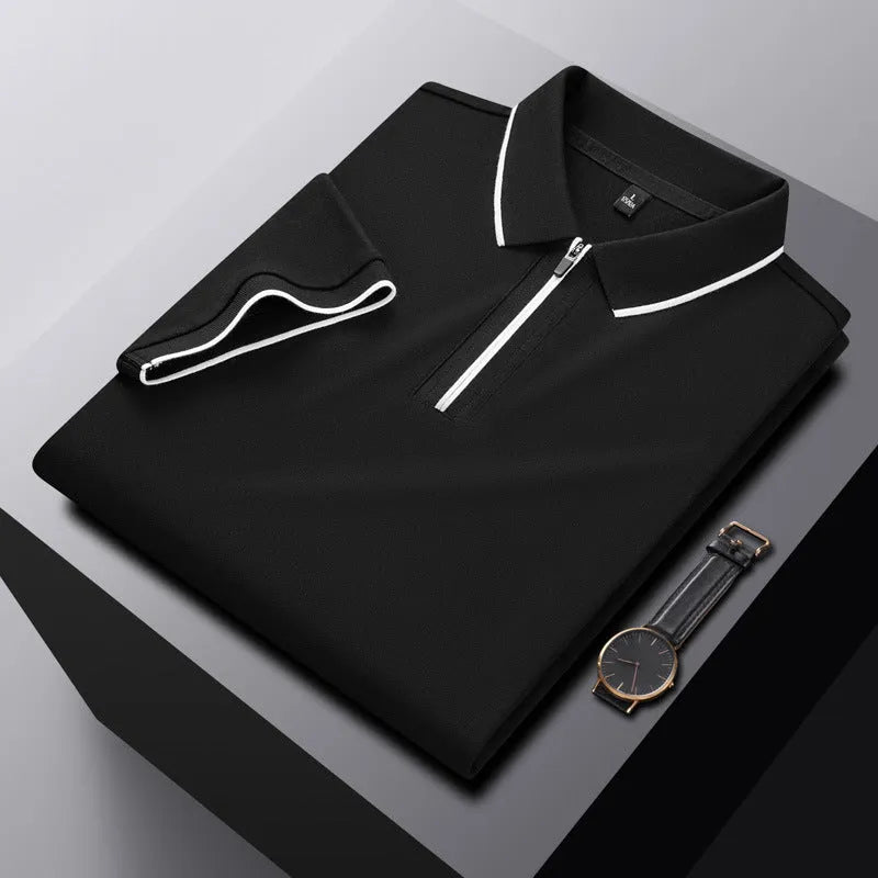 Men's solid colour short sleeve polo shirt with a silver front zipper, shown in beige apricot.
