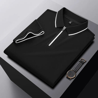 Men's solid colour short sleeve polo shirt with a silver front zipper, shown in beige apricot.