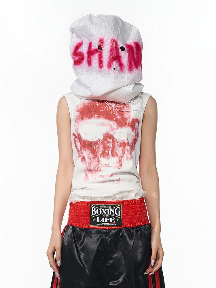 Black half turtleneck sleeveless slim fit t-shirt with a printed character design on the front.