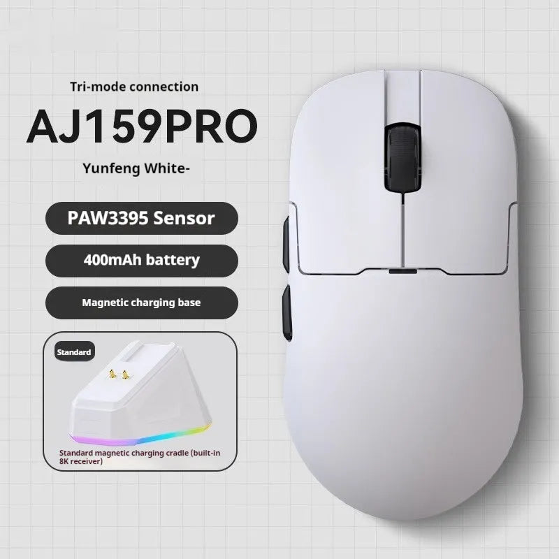 AJ159 gaming mouse in various colours showing its compact shape and Teflon foot pads.