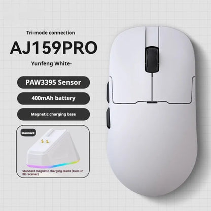 AJ159 gaming mouse in various colours showing its compact shape and Teflon foot pads.