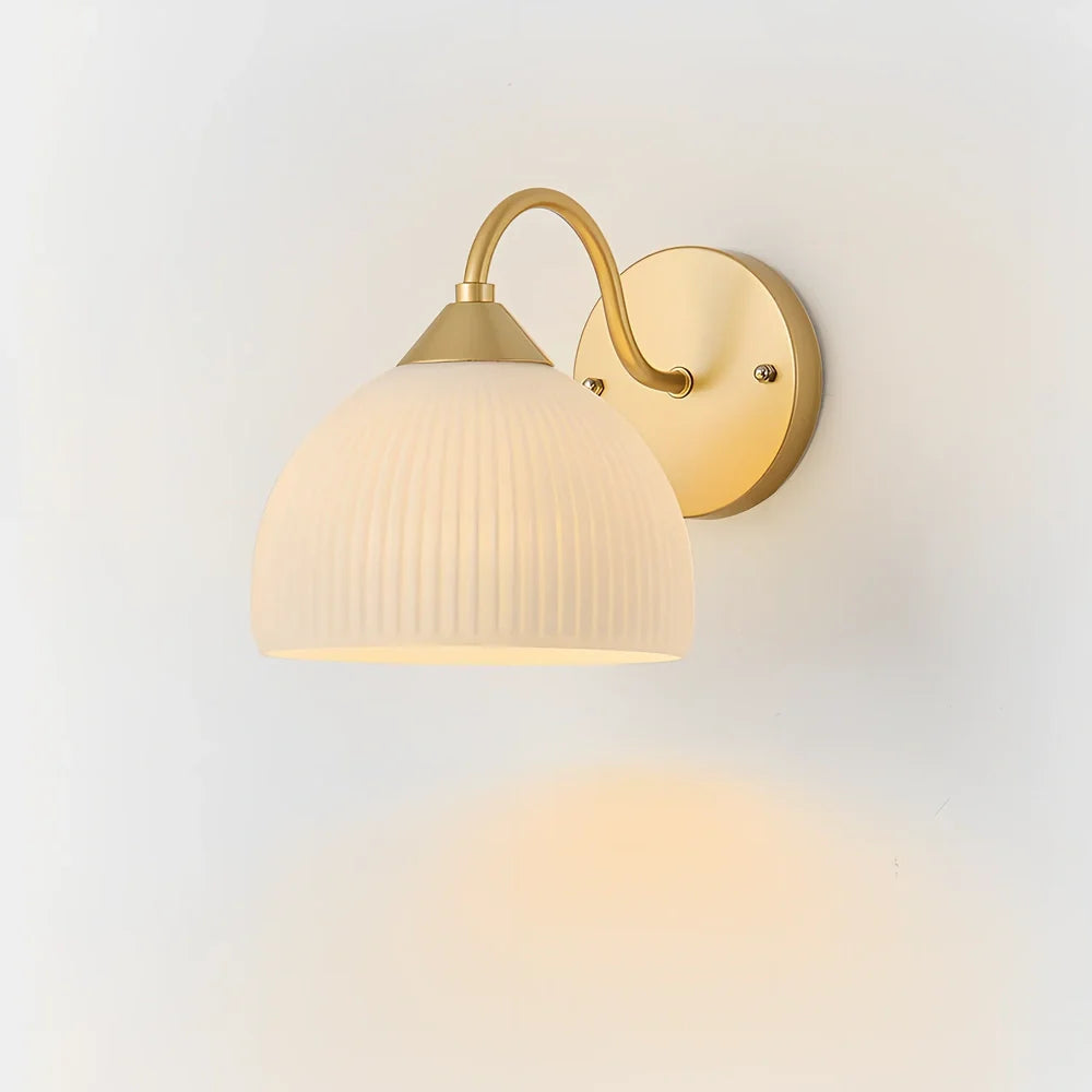 Gold and white postmodern glass table lamp with frosted shade on iron base