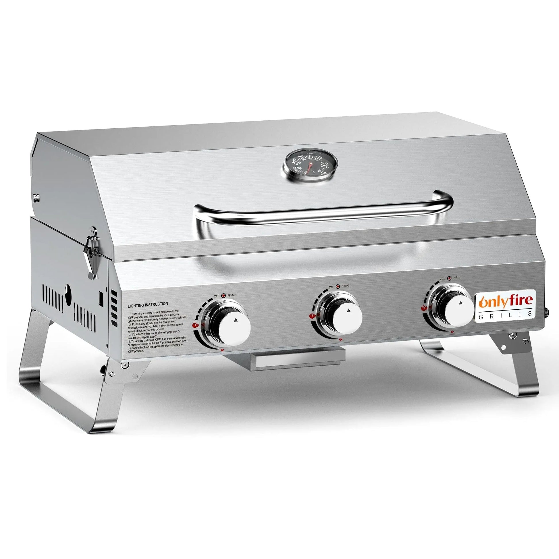 Silver stainless steel desktop gas barbecue grill with 3 burners and foldable legs