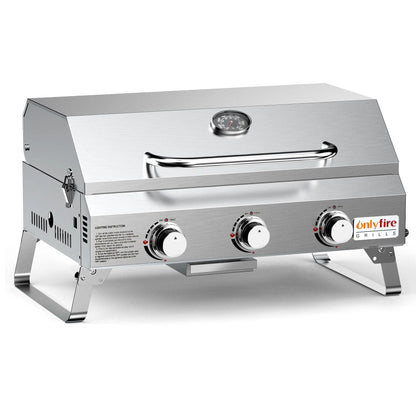Silver stainless steel desktop gas barbecue grill with 3 burners and foldable legs