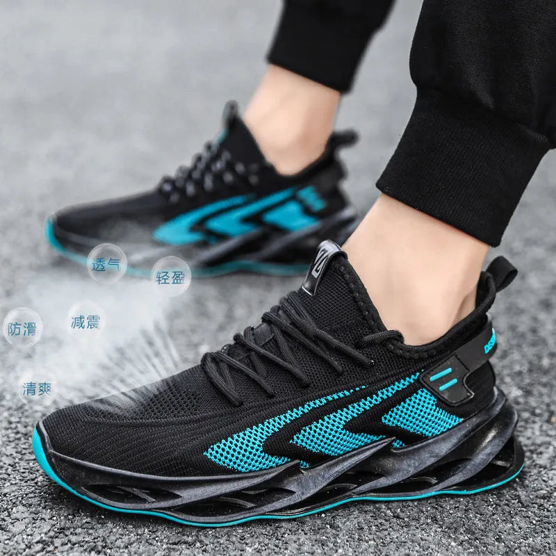 Men's summer mesh running casual shoes with front tie, flat heel, EVA insole and injection sole, in black, blue or grey
