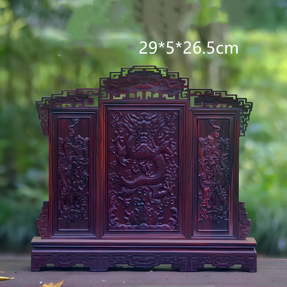 Red rosewood miniature Chinese furniture model with traditional carved details and mahogany construction