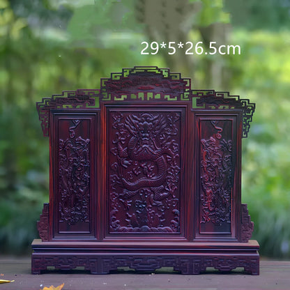 Red rosewood miniature Chinese furniture model with traditional carved details and mahogany construction