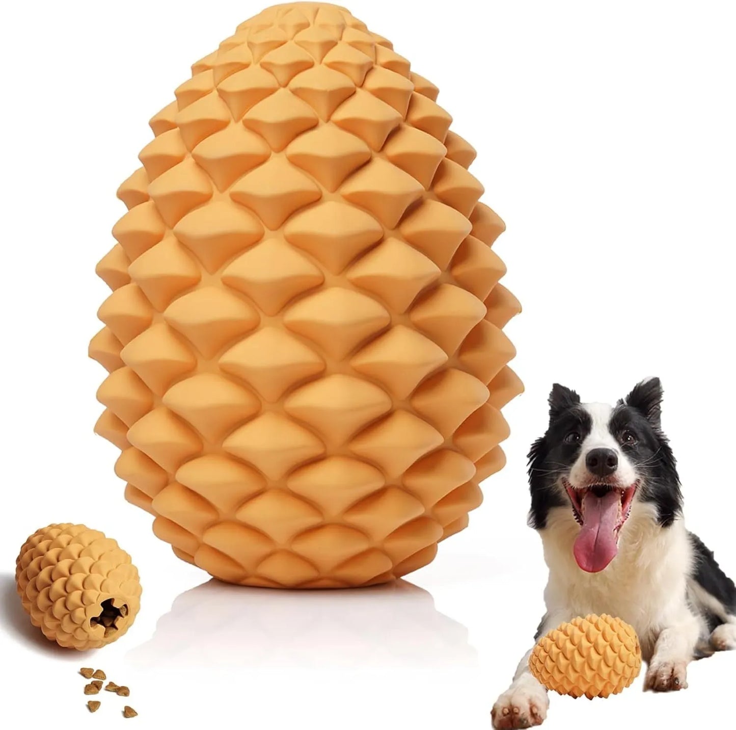 Pine cone-shaped yellow dog toy with treat dispenser, natural rubber construction, for medium to large breeds