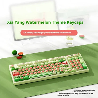 Set of 138 watermelon-themed PBT key caps with green, red, and black dye-sublimated design, shown on a mechanical keyboard.
