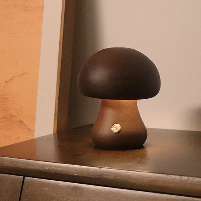 Wooden mushroom LED night light with touch switch, 165 x 100mm, in beech or walnut colour for bedside table use
