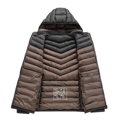 Men's lightweight hooded down cotton-padded jacket in solid colour with detachable collar and zipper pockets
