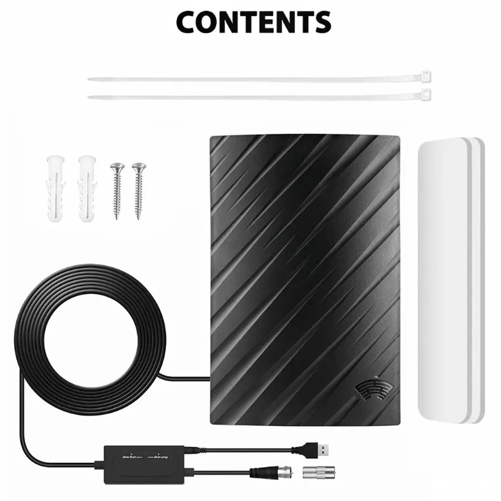 Black plastic digital television antenna measuring 18x16x7cm with expansion tubes and mounting accessories