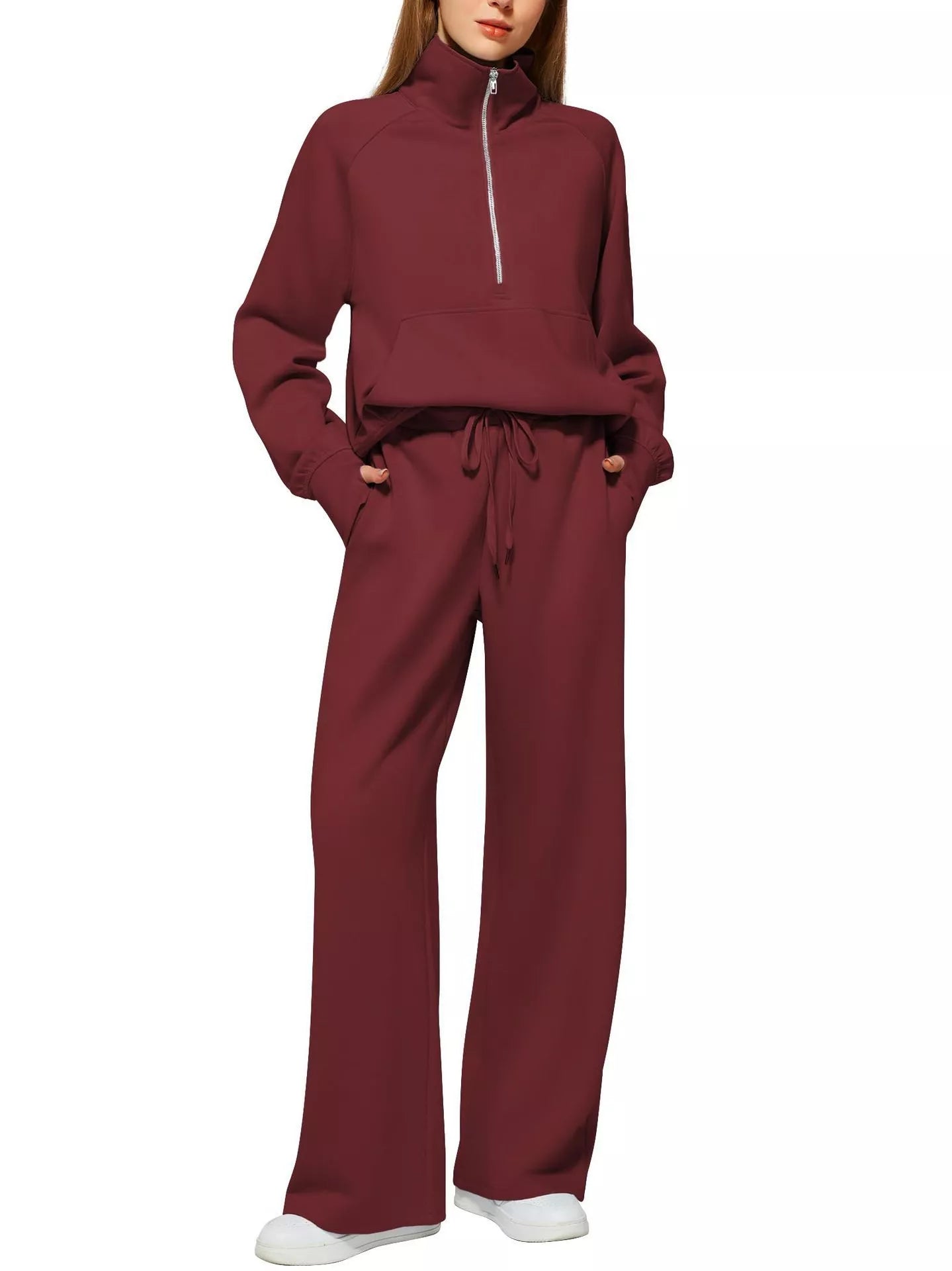 Women's solid color long-sleeved sweater trousers suit in polyester, available in multiple colors