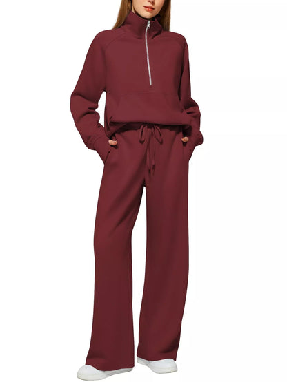 Women's solid color long-sleeved sweater trousers suit in polyester, available in multiple colors