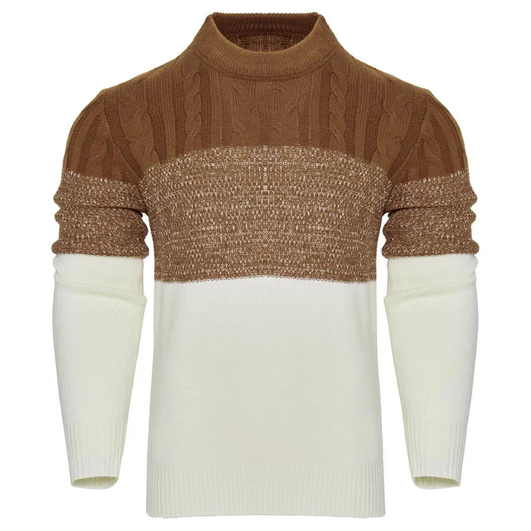 Men's grey cotton blend knitted pullover sweater with long sleeves on a hanger.