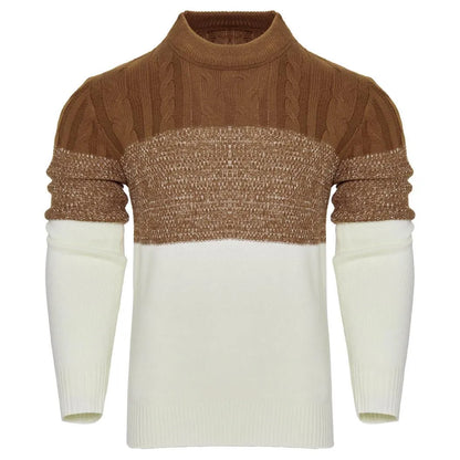 Men's grey cotton blend knitted pullover sweater with long sleeves on a hanger.