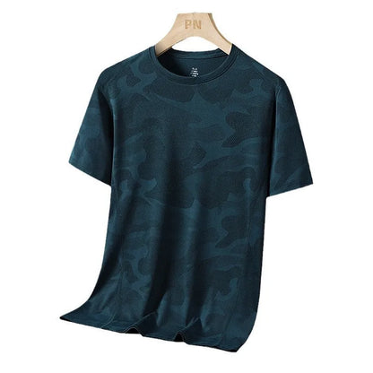 Men's loose fit camouflage nylon short sleeve summer top on a hanger