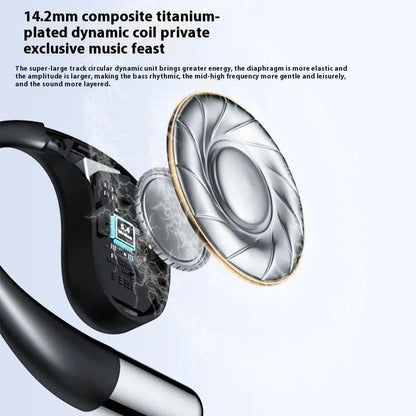 Black hanging ear Bluetooth earphones showing ear-mounted sports design with plastic aluminium alloy construction