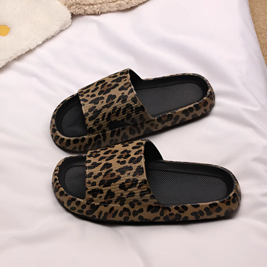 Women's leopard print slippers with a thick EVA sole in multiple colour options on a white background.